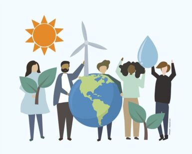 Pictogramme représentant des personnages avec les sources d'énergie : soleil, éolienne, eau