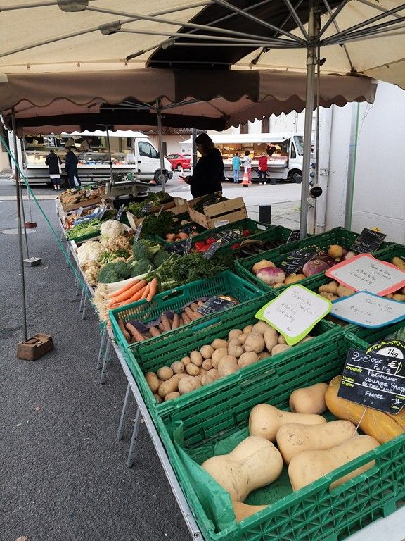 Étalage de fruits et légumes disposés dans des caissettes