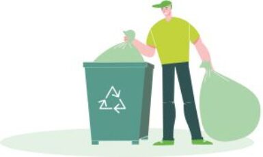 Personnage collectant des sacs poubelles dans un container