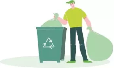 Personnage collectant des sacs poubelles dans un container