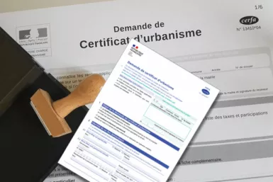 Tampon encreur avec un formulaire Cerfa de demande de certificat d'urbanisme