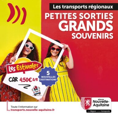 Campagne de communication de la région nouvelle aquitaine pour les transports en bus pendant l'été 2025.