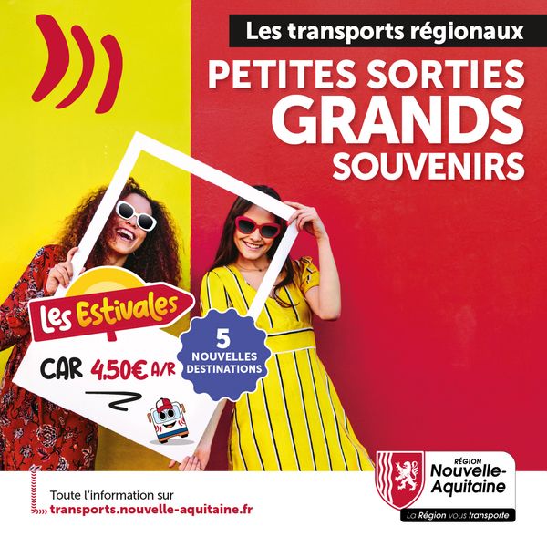 Campagne de communication de la région nouvelle aquitaine pour les transports en bus pendant l'été 2025.