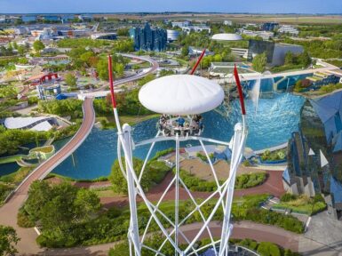 Vue aérienne du parc du Futuroscope avec en premier plan l'aérobar