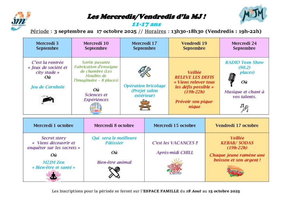 Image du document M2JM planning des Mercredis et vendredis de septembre et octobre 2025