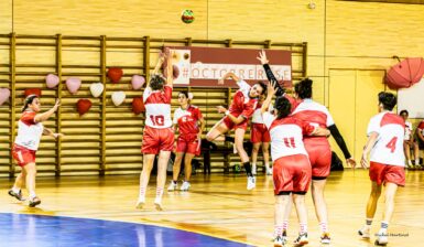 Match de handball sénior féminine à l'occasion d'octobre rose. Les joueuses sont en rose et le gymnase est décoré pour la cause.