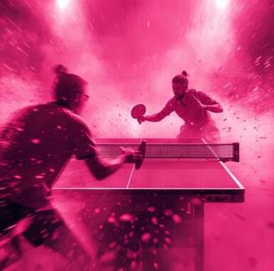 Match de tennis de table avec 2 joueurs. L'image est toute rose