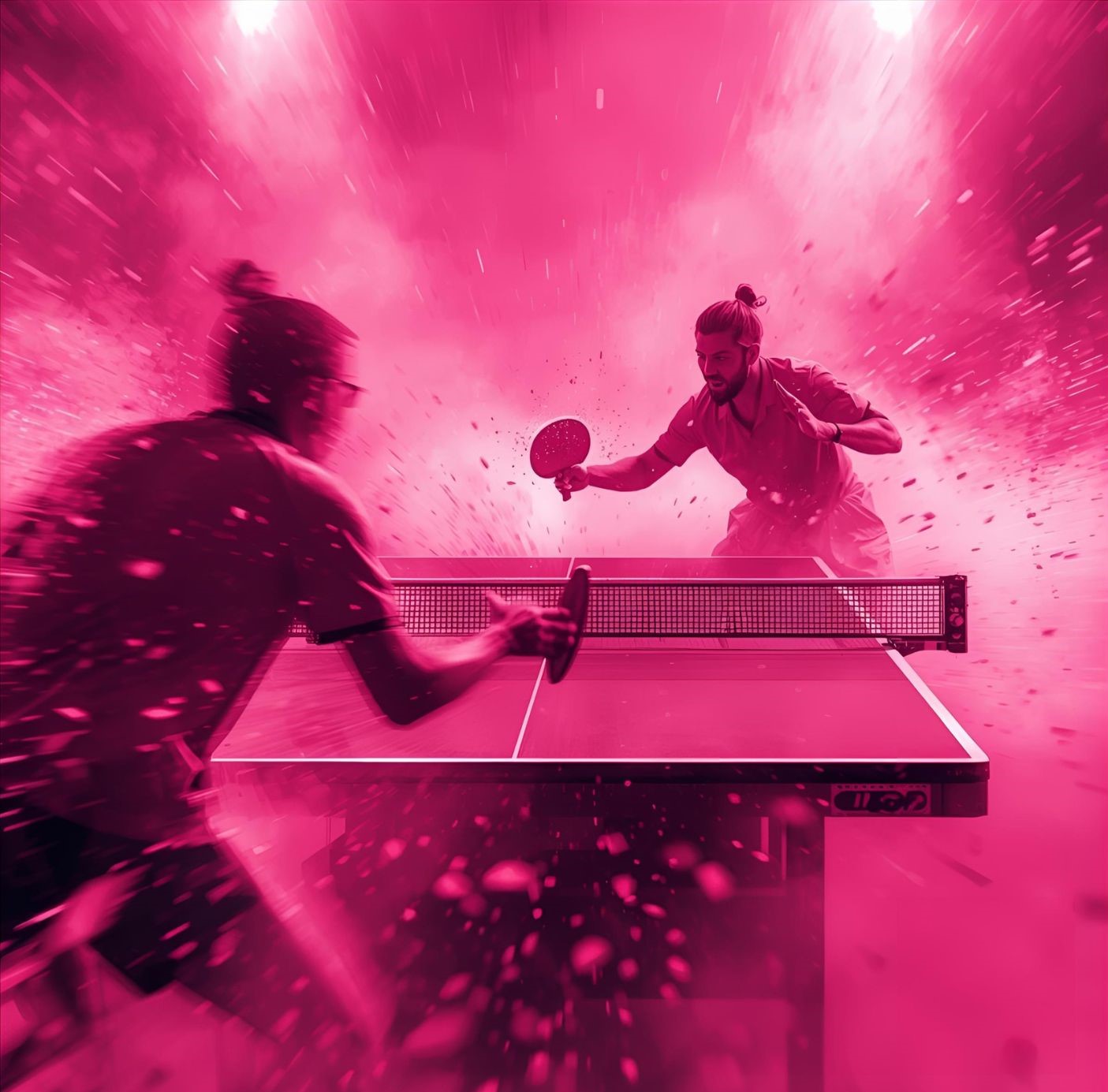 Match de tennis de table avec 2 joueurs. L'image est toute rose