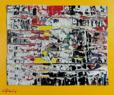 Peinture abstraite et linéaire (jaune, rouge, noir, blanc) de l'artiste Patrick Gauvin