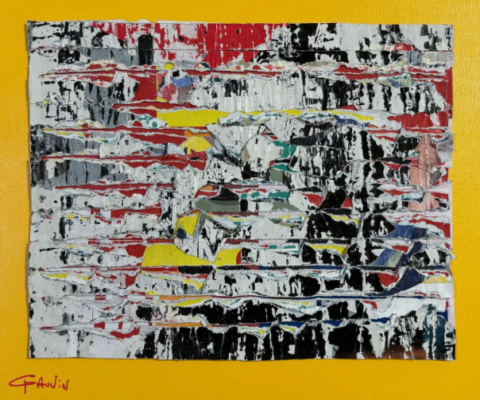 Peinture abstraite et linéaire (jaune, rouge, noir, blanc) de l'artiste Patrick Gauvin