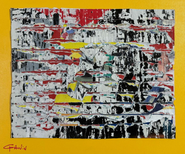 Peinture abstraite et linéaire (jaune, rouge, noir, blanc) de l'artiste Patrick Gauvin