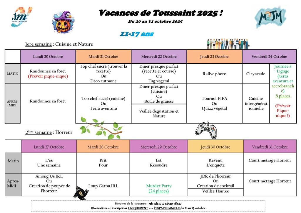 Image du document Maison des Jeunes : Planning  des vacances de la Toussaint 2025