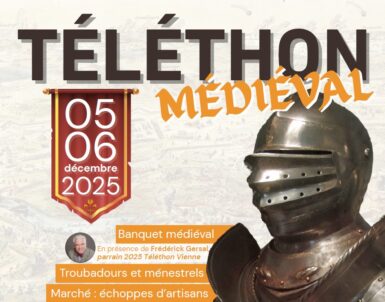 Téléthon médiéval les 5 et 6 décembre à l'Agora de Jaunay-Marigny annoncé par un chevalier en armure.