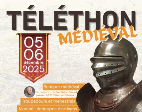 Téléthon médiéval les 5 et 6 décembre à l'Agora de Jaunay-Marigny annoncé par un chevalier en armure.