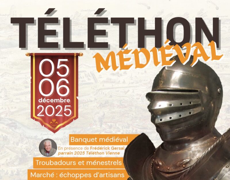 Téléthon médiéval les 5 et 6 décembre à l'Agora de Jaunay-Marigny annoncé par un chevalier en armure.