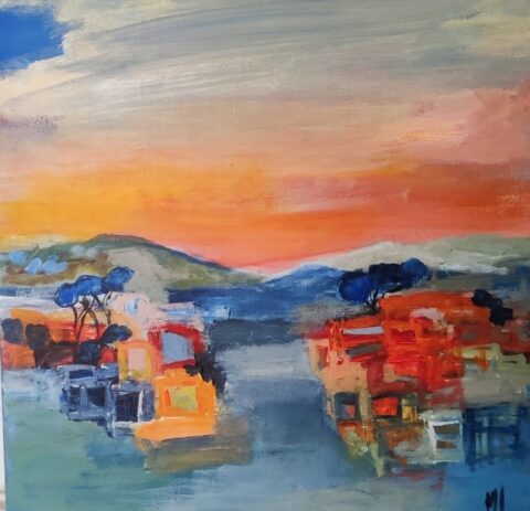 Peinture de Marie-Line Robert qui représente un village d'été