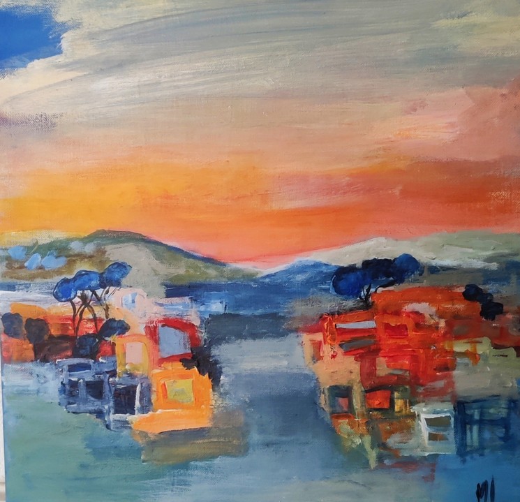 Peinture de Marie-Line Robert qui représente un village d'été