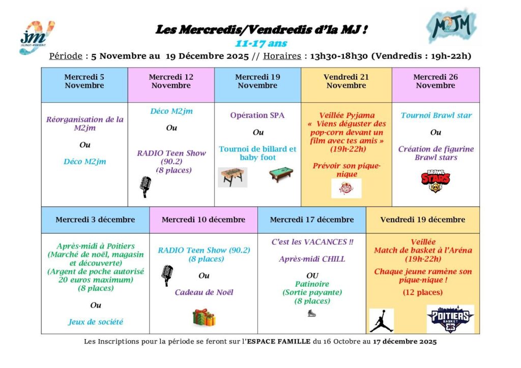 Image du document Planning des Mercredis et vendredis de novembre à décembre à la M2JM