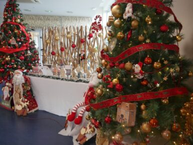 Hall d'entrée de l'Ehpad Gérard Girault décoré de deux grands sapins et d'un village de Noël miniature.