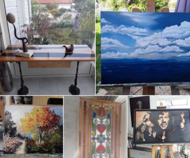 Oeuvres de Roger Arnault (peintures et création en bois et epoxy) qui exposera à la Maison des Arts du 09 au 11 janvier 2026