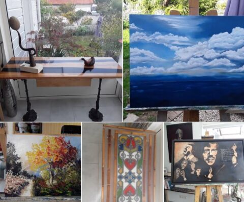 Oeuvres de Roger Arnault (peintures et création en bois et epoxy) qui exposera à la Maison des Arts du 09 au 11 janvier 2026