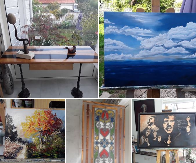 Oeuvres de Roger Arnault (peintures et création en bois et epoxy) qui exposera à la Maison des Arts du 09 au 11 janvier 2026