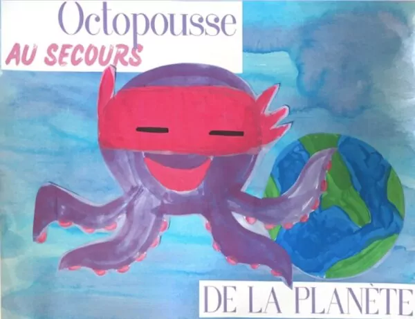 Dessin réalisé par les enfants de l'école maternelle Jacques Prévert représentant la pieuvre au nom d'Octopousse, munie de son bandeau de super-héros, devant la planète.