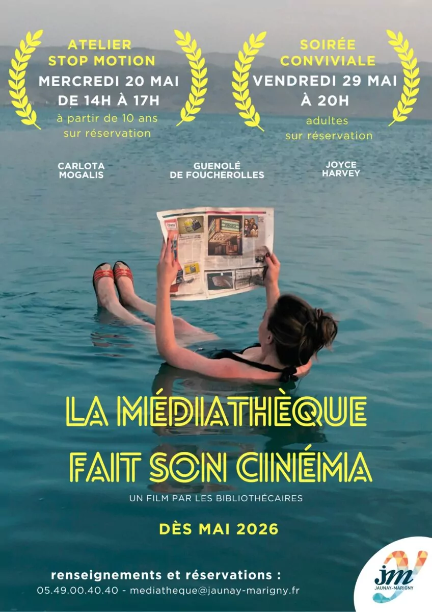 Affiche annonçant les animations autour du cinéma à la médiathèque en mai 2026 composée comme une affiche de cinéma