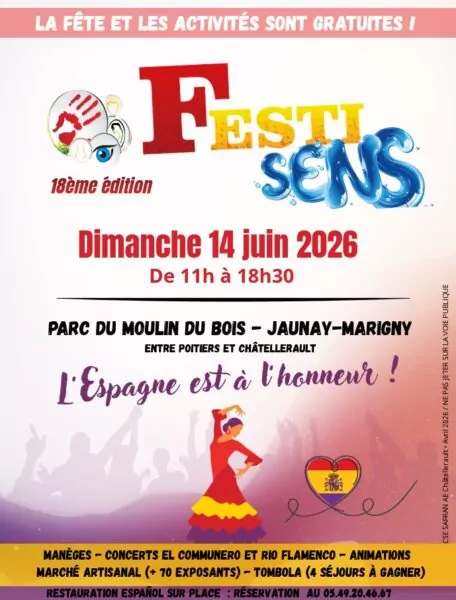 Affiche de l'édition 2026 de l'animation festisens organisé le 14 juin aux étangs du Moulin du Bois