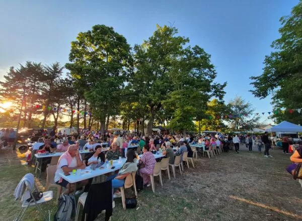 Grandes tablées installées à l'ombre des arbres du boulodrome avec autour les stands des producteurs de la chambre d'agriculture de la Vienne.