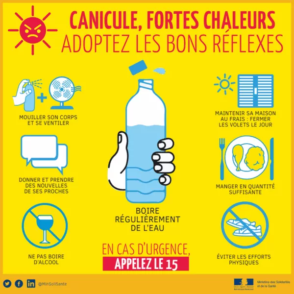 schema expliquant qu'il faut rester au frais, qu'il faut boire régulièrement, adapter son alimentation