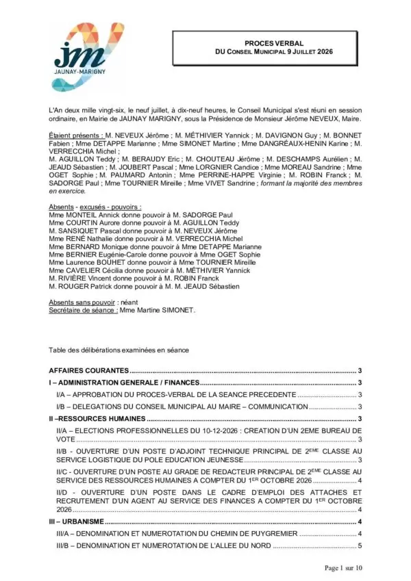 Image du document Procès Verbal du Conseil Municipal du 09 juillet 2026