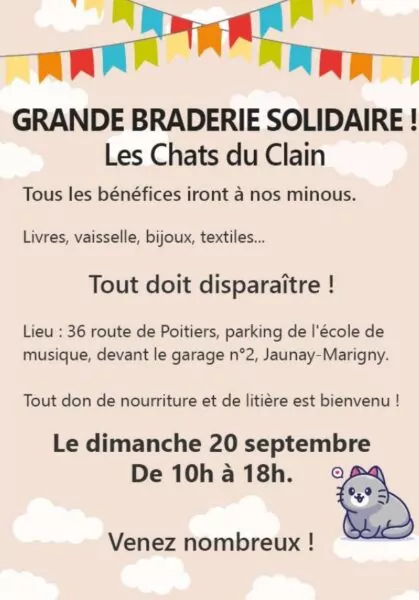 braderie organisée par l'association les chats du clain le 20 septembre aux profits des chats dont ils ont la gestion